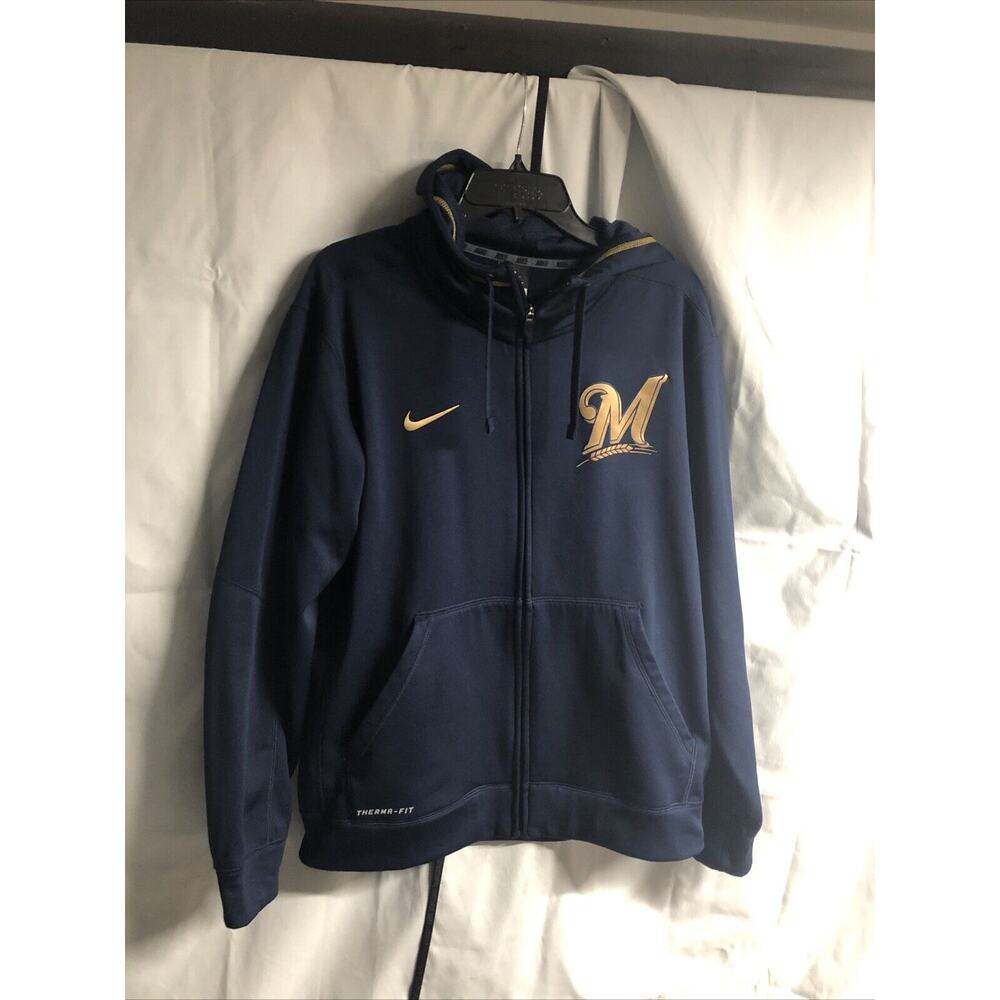Milwaukee Brewers Full Zip Nike Blue Hoodie With Gold Logo Size M Runs Big